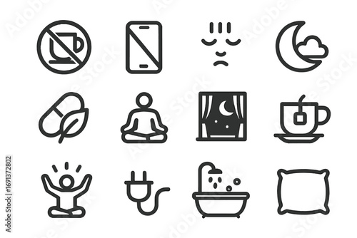 Insomnia Relief Icons. Outline icon set of insomnia relief: coffee crossed out, no phone symbol, calm breathing, moon with cloud,