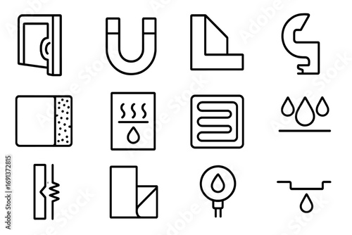 Insulation Icons Grid. Outline icon set of insulation and moisture control: door gasket, magnet insert, corner wedge, gasket