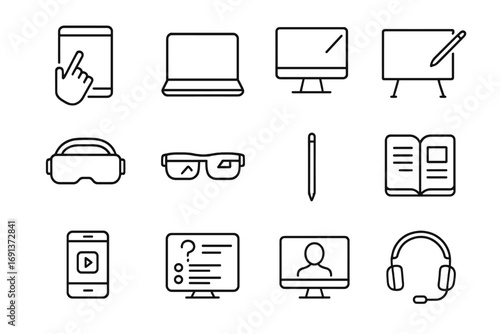 Interactive Learning Tools Icons. Outline icon set of Interactive learning tools: touchscreen tablet, laptop, desktop computer,