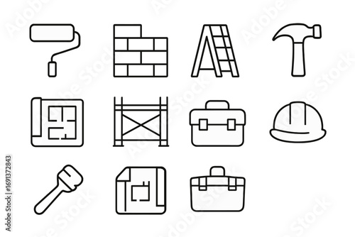 Renovation Tools Icons. Outline icon set of Renovation and restoration: paint roller, brick wall, ladder,