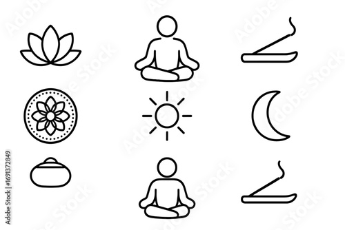 Meditation Icons Grid. Outline icon set of Meditation and reflection: lotus, sitting figure, meditation