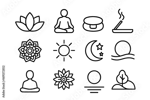 Meditation Icons Grid. Outline icon set of Meditation and reflection: lotus, sitting figure, meditation