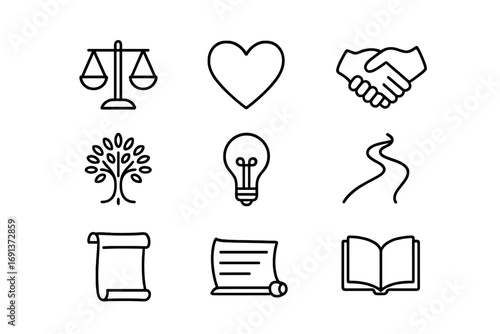 Ethical Icon Set. Outline icon set of Moral and ethical teachings: balance scale, heart, hands shaking, tree