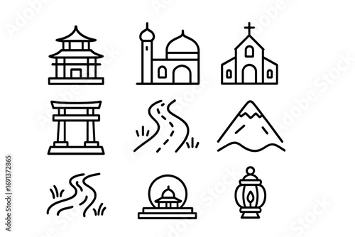 Sacred Places Icons. Outline icon set of Pilgrimage and sacred places: temple, mosque, church, shrine, path,