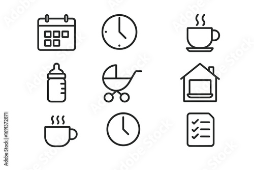 Flexible Work Icons. Outline icon set of Flexible work schedules for parents: calendar, clock, laptop, coffee