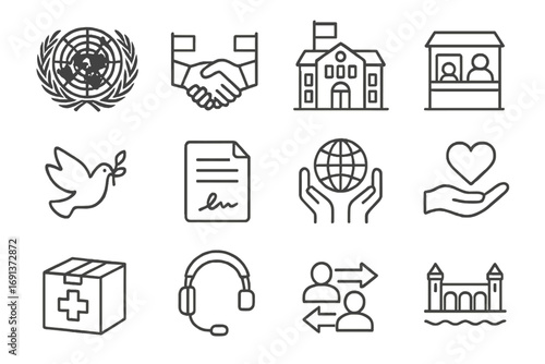 International Cooperation Icons. Outline icon set of international cooperation: UN emblem, handshake across flags, embassy