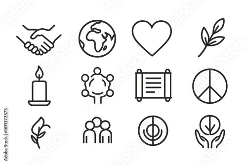Interfaith Unity Icons. Outline icon set of Interfaith unity and respect: hands holding, globe, heart, olive