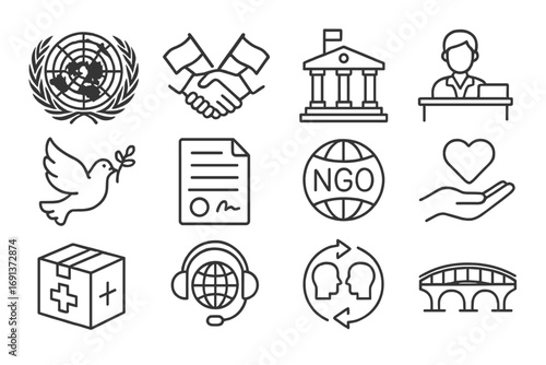 International Cooperation Icons. Outline icon set of international cooperation: UN emblem, handshake across flags, embassy