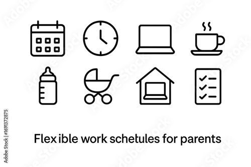 Flexible Work Icons. Outline icon set of Flexible work schedules for parents: calendar, clock, laptop, coffee