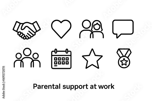 Parental Support Icons. Outline icon set of Parental support at work: handshake, heart, people, speech bubble,