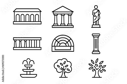Greek Icons Outline. Outline icon set of Greek public life: agora, temple, statue, stoa, theater, column,