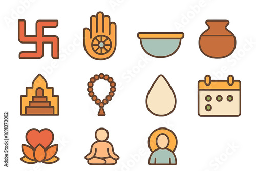 Jain Spiritual Symbols. Flat vector mini-illustrations Jain Paryushana fasting in colors children's illustrations: swastika symbol