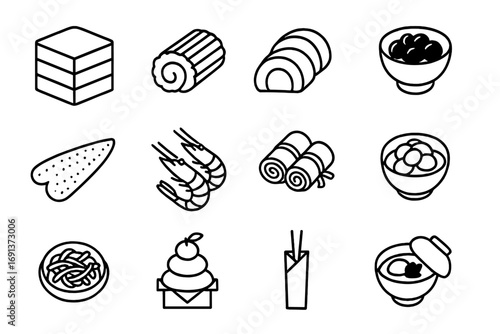 Japanese New Year Icons. Outline icon set of Japanese New Year osechi & tableware: jubako tiered box, datemaki roll, kamaboko
