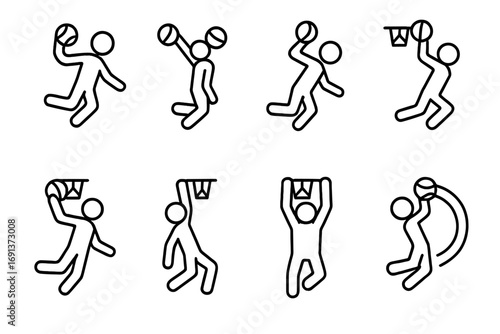 Slam Dunk Icons. Outline icon set of Slam dunk variations: windmill, tomahawk, reverse, double clutch,