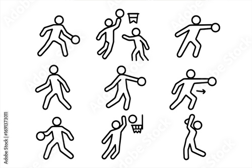 Basketball Moves Icons. Outline icon set of Famous basketball moves: crossover, alley-oop, behind-the-back