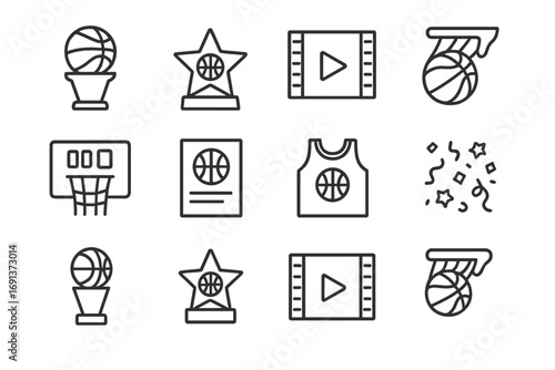 Basketball Icon Highlights. Outline icon set of Basketball season highlights: championship trophy, MVP award,