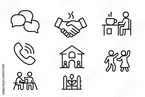 Social Engagement Icons. Outline icon set of Social engagement: group chat, handshake, coffee cup, board game,