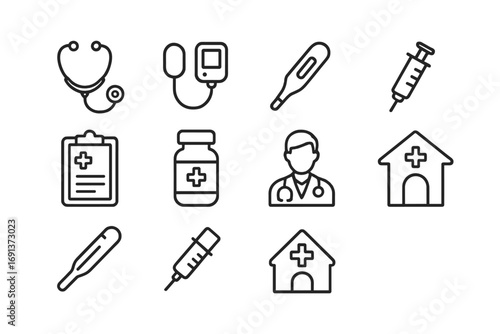 Medical Checkup Icons. Outline icon set of Medical checkups: stethoscope, blood pressure monitor, thermometer,