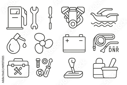 Jet Ski Icons. Outline icon set of jet ski maintenance: fuel pump, wrench, screwdriver, jet ski engine, oil can, propeller,