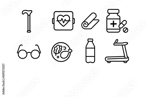 Senior Wellness Icons. Outline icon set of Healthy aging and senior wellness: walking cane, heart rate monitor