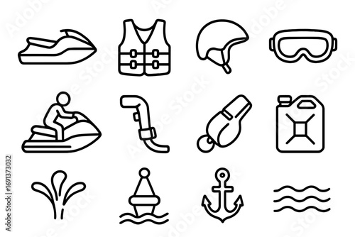 Jet Ski Essentials Icons. Outline icon set of jet skiing basics: jet ski, life jacket, helmet, goggles, rider silhouette, throttle