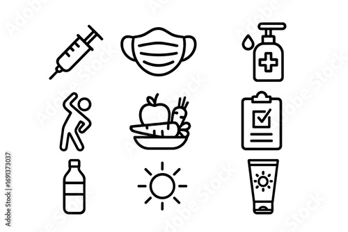 Preventive Healthcare Icons. Outline icon set of Preventive healthcare: vaccination, mask, sanitizer, exercise