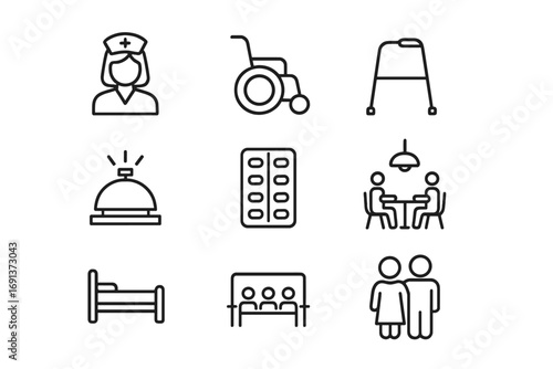 Assisted Living Icons. Outline icon set of Assisted living support: nurse, wheelchair, walker, call bell,