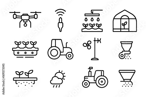 Smart Agriculture Icons. Outline icon set of Smart Agriculture and Urban Farming Solutions: drone, soil sensor
