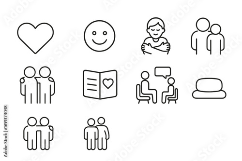 Emotional Wellness Icons. Outline icon set of Emotional wellness: heart, smiley face, hug, family, friendship,