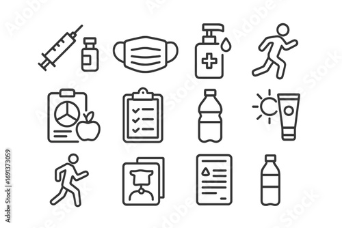 Preventive Healthcare Icons. Outline icon set of Preventive healthcare: vaccination, mask, sanitizer, exercise