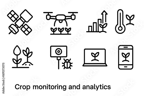 Crop Monitoring Icons. Outline icon set of Crop monitoring and analytics: satellite, drone, growth chart,