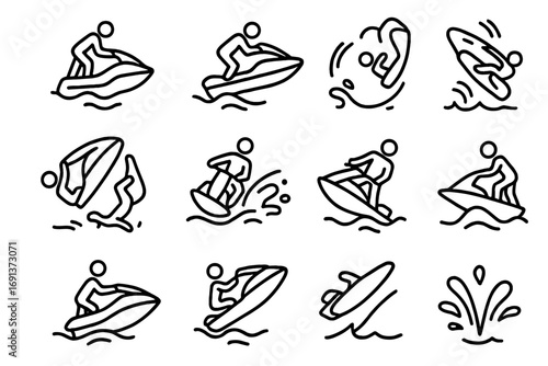 Jet Ski Trick Icons. Outline icon set of jet ski tricks: rider jump, wave jump, spin maneuver, backflip, spray turn, rider leaning
