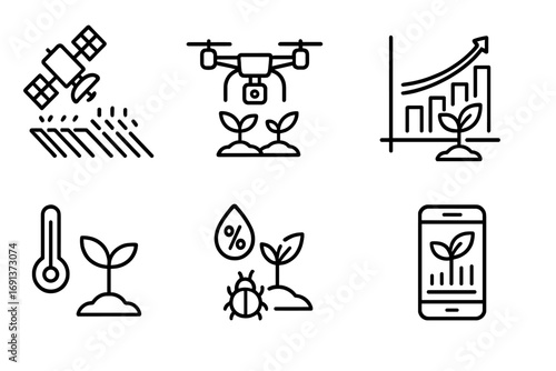 Crop Monitoring Icons. Outline icon set of Crop monitoring and analytics: satellite, drone, growth chart,