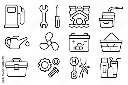 Jet Ski Icons. Outline icon set of jet ski maintenance: fuel pump, wrench, screwdriver, jet ski engine, oil can, propeller,