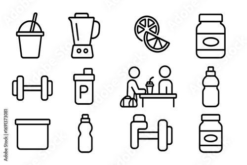 Juice Bar Icons. Outline icon set of A person getting a healthy smoothie at a juice bar after a workout: