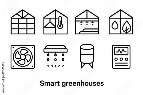 Smart Greenhouse Icons. Outline icon set of Smart greenhouses: glass panels, thermostat, irrigation pipe,
