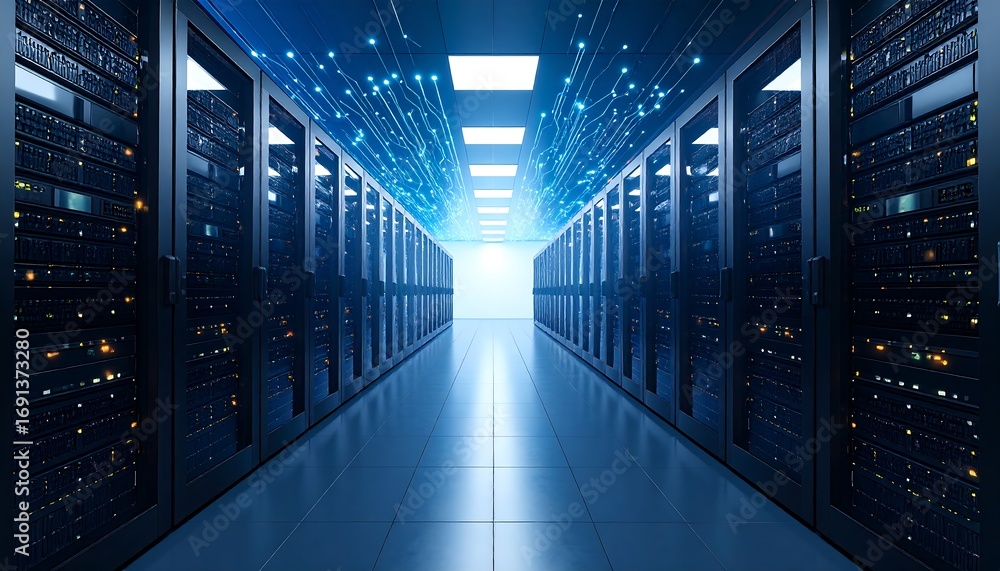 Fototapeta premium Server room interior, futuristic perspective