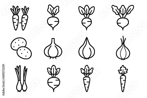 June Root Vegetables Icons. Outline icon set of root vegetables in June: baby carrots, beets, radishes, turnips, new potatoes,