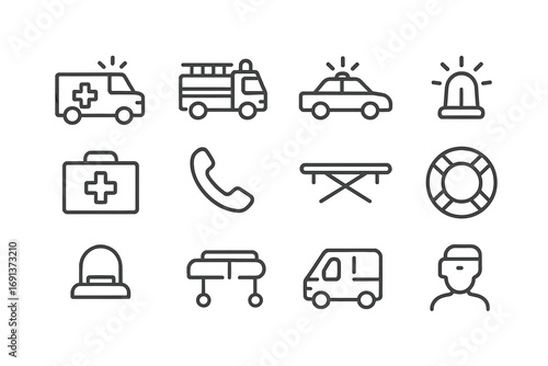 Emergency Support Icons. Outline icon set of Emergency support for children: ambulance, fire truck, police car