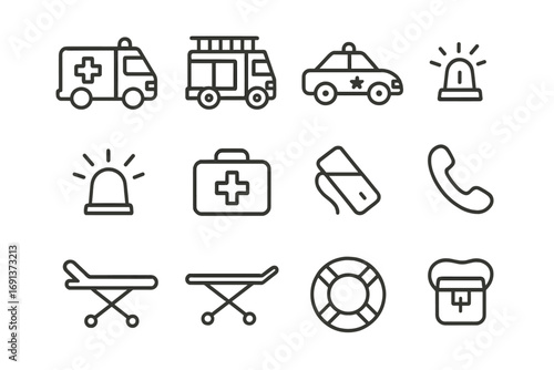 Emergency Support Icons. Outline icon set of Emergency support for children: ambulance, fire truck, police car