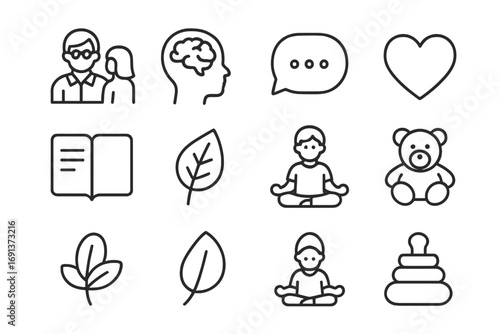 Kids' Mental Health Icons. Outline icon set of Mental health support for children: psychologist, brain, speech