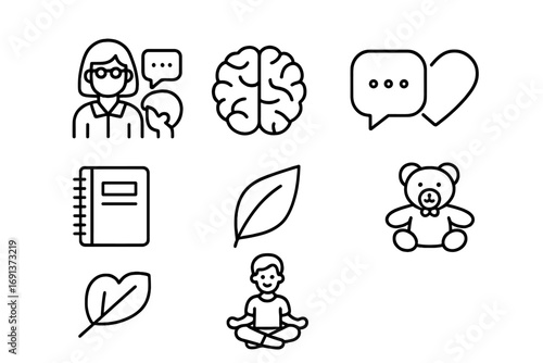 Kids' Mental Health Icons. Outline icon set of Mental health support for children: psychologist, brain, speech