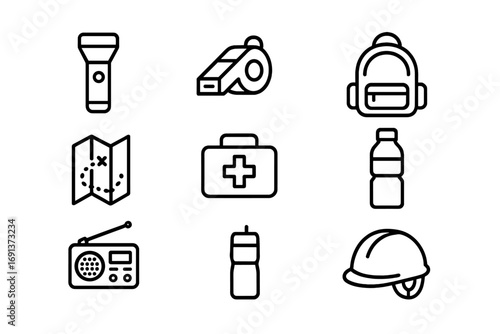 Child Safety Icons. Outline icon set of Child emergency preparedness: flashlight, whistle, backpack, map,