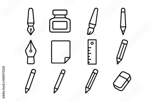 Calligraphy Tools Icons. Outline icon set of Calligraphy tools: fountain pen, ink bottle, brush pen, nib,