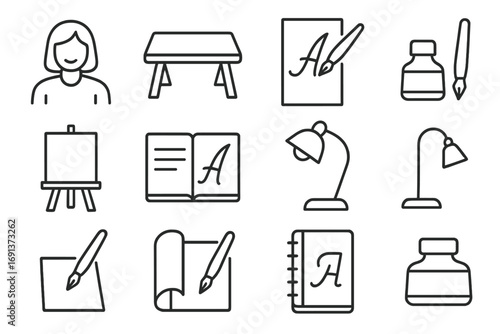 Calligraphy Workshop Icons. Outline icon set of Calligraphy workshops: instructor, desk, paper, pen, ink,
