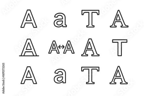 Typography Icon Set. Outline icon set of Typography and lettering: uppercase, lowercase, ligature, swash,