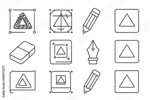 Logo Design Icons. Outline icon set of Custom logo creation: sketch, draft, pencil, ruler, eraser, template,