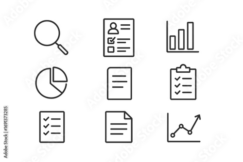Marketing Icon Grid. Outline icon set of Marketing research: magnifying glass, survey, bar chart, pie chart,