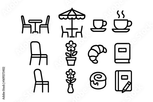 Café Terrace Icon Set. Outline icon set of Café terrace gathering: outdoor table, umbrella, coffee, tea,