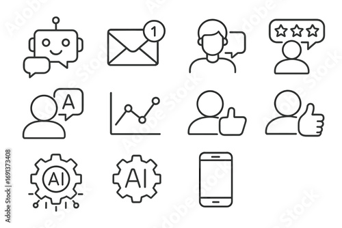 Smart Engagement Icons. Outline icon set of Smart user engagement: chat bot, notification, user feedback,